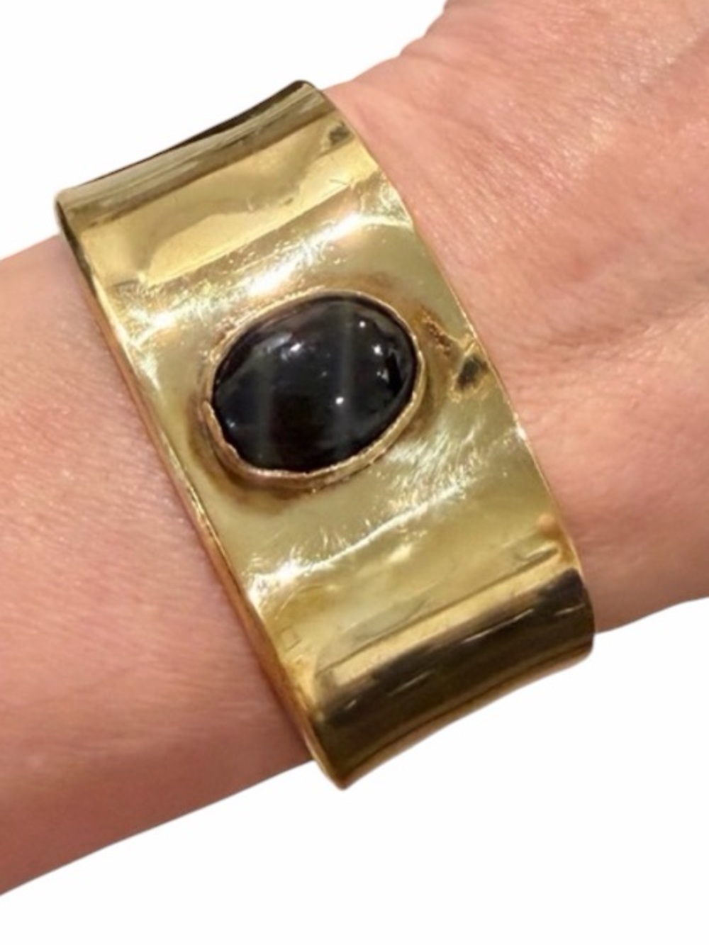 Vintage 1970s/1980s Modernist Brass Cuff Bracelet with Large Black Onyx Cabochon